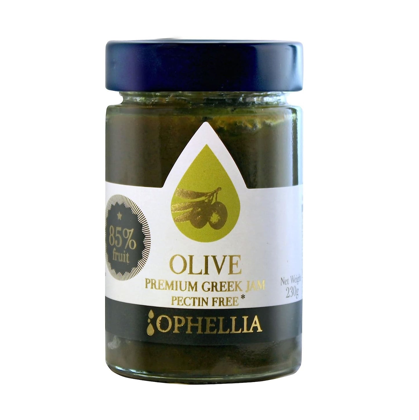 Schraubglas mit olivgrünem Aufstrich, goldenes OPHELLIA-Etikett mit Olivenzweig im Tropfen-Logo