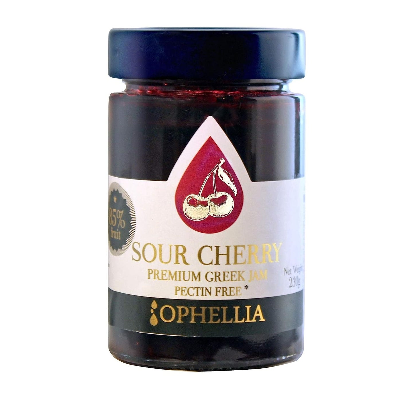 Glas Ophellia Sour Cherry Premium Greek Jam mit dunkelroter Sauerkirschmarmelade
