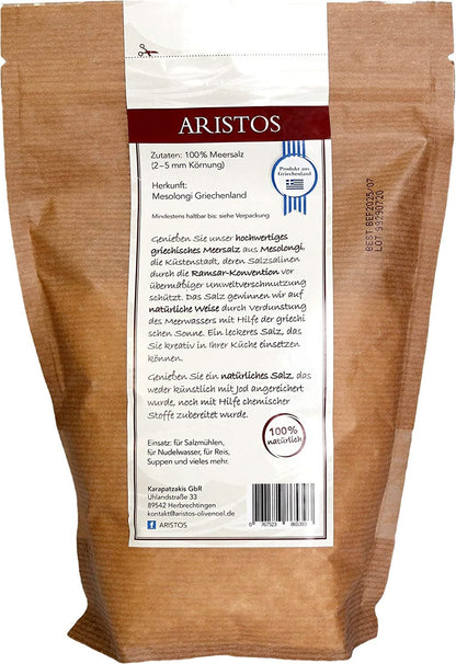 Rückseite des ARISTOS-Meersalzbeutels mit Zutaten, Herkunft Mesolongi, Barcode und Adresse