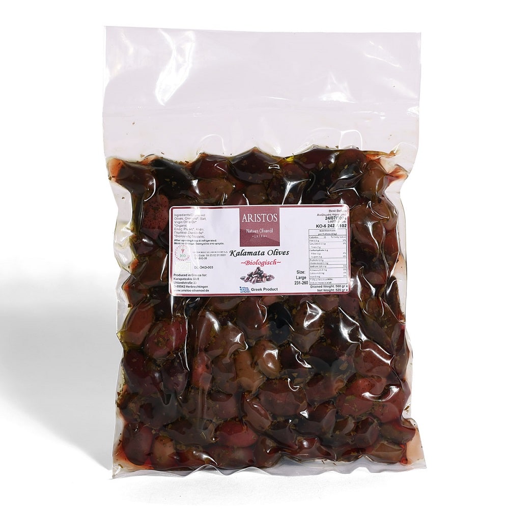 Bio Kalamata Oliven aus Griechenland mit Oregano ohne Lake