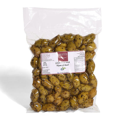 Klarsichtbeutel mit großen grünen Oliven in Kräutermarinade, ARISTOS-Etikett Green Olives with Thyme & Basil