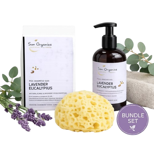 Pflegeset aus Shampoo-Beutel, Pumpspender und Naturschwamm mit Lavendel- und Eukalyptuszweigen, Label „Bundle Set“