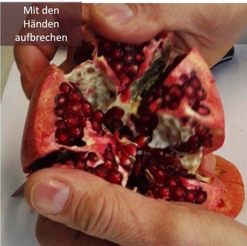 Granatapfel mit den Händen aufbrechen
