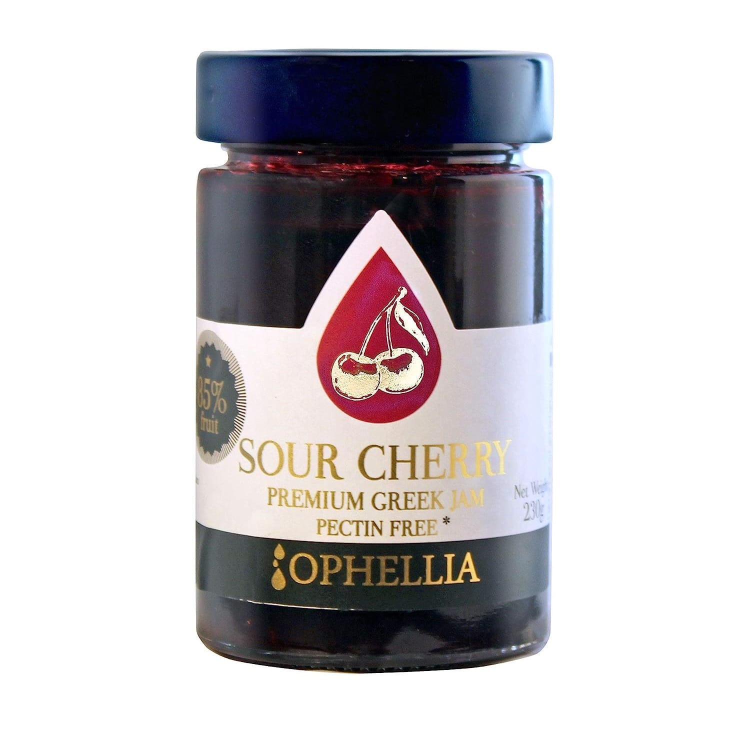 Glas Ophellia Sour Cherry Premium Greek Jam mit dunkelroter Sauerkirschmarmelade