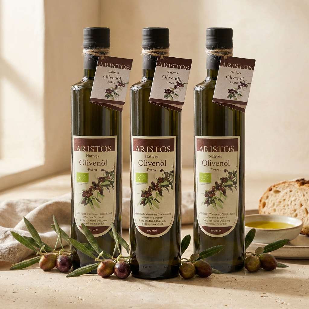 Drei Flaschen ARISTOS Natives Olivenöl Extra 500 ml im Sonnenlicht, davor Olivenzweige und Brot mit Ölschälchen