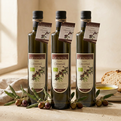 Drei Flaschen ARISTOS Natives Olivenöl Extra 500 ml im Sonnenlicht, davor Olivenzweige und Brot mit Ölschälchen