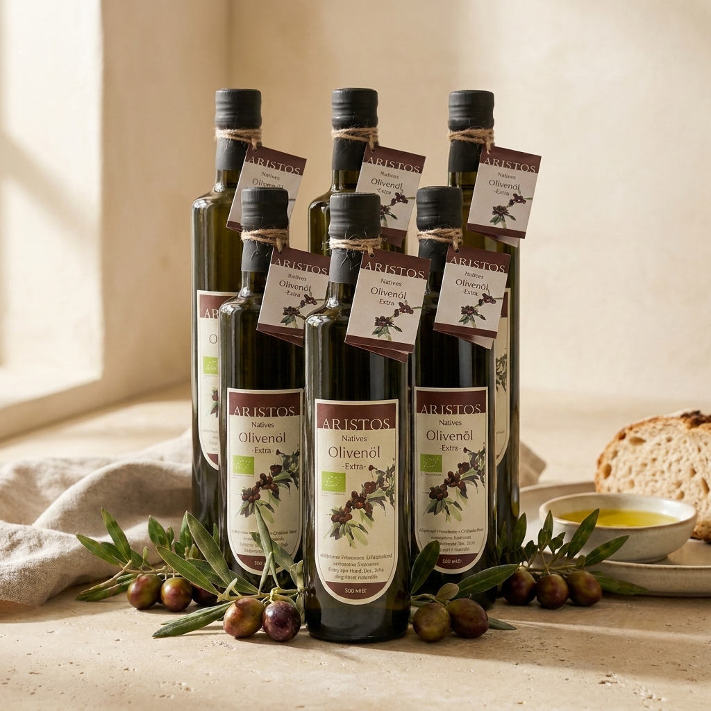 Sechs Flaschen ARISTOS Natives Olivenöl Extra 500 ml gestapelt, daneben Olivenzweige, Brot und ein Ölschälchen