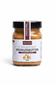 ARISTOS Crunchy Erdnussbutter im 350-Gramm-Glas vor weißem Hintergrund